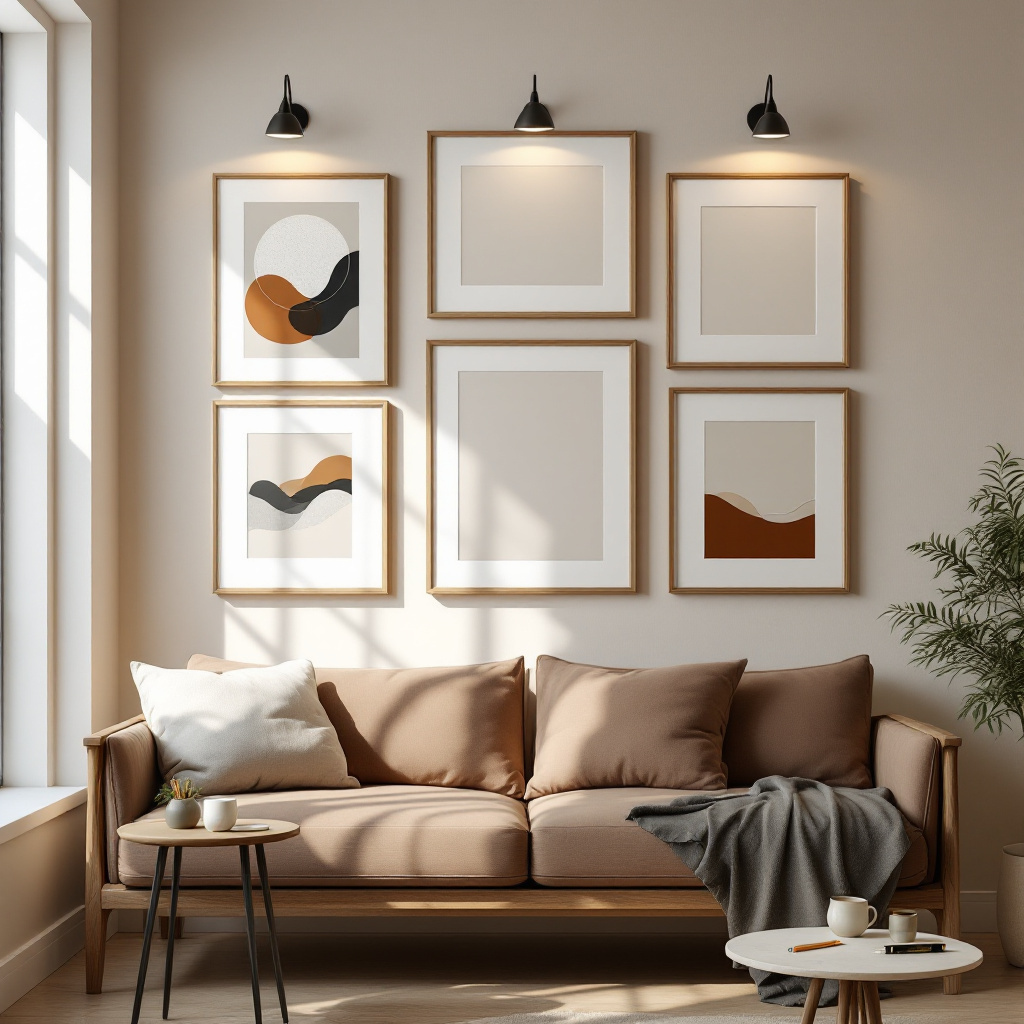 Bilder richtig aufhängen Wohnzimmer: harmonisch angeordnete Rahmen über einem Sofa mit Bilderbeleuchtung