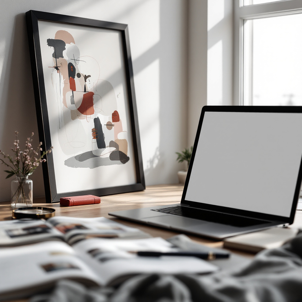 Kunstwert einschätzen ohne Gutachter: Schreibtisch mit gerahmtem Kunstwerk, Lupe und Katalog zur Wertbestimmung